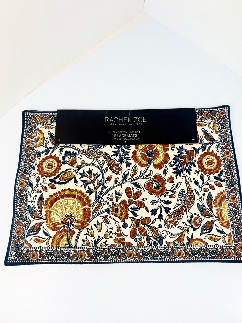 Rachel Zoe Orange Blue Bird Botanical Print 100% Cotton Placemats Four Count NEW